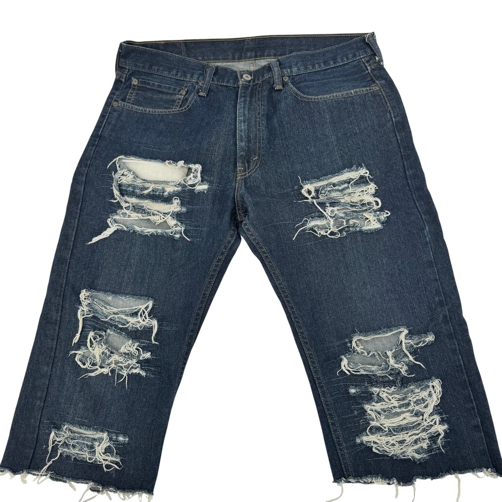 Levis 505 Custom Distressed Shorts Mens 36 Blue Raw Hem Heavy Shredded Jorts